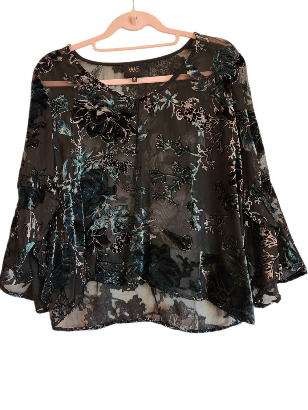 W5 Anthropologie Sheer Floral Velvet Burnout Bell Sleeve Top Size L Black/Teal